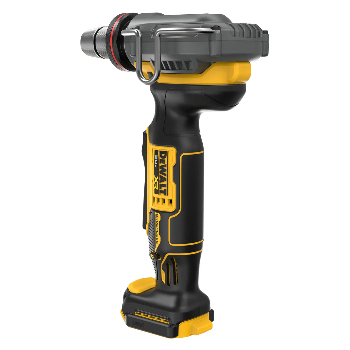 A rear perspective view of the DEWALT 20V MAX XR expander tool focusing on the metal hang hook and the rear motor assembly. The image illustrates the tool's compact depth, making it ideal for high-productivity plumbing work in residential and commercial joist bays.