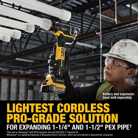 An action lifestyle shot of a professional plumber wearing a hard hat and safety glasses using the DEWALT DCE410B to expand a large diameter white PEX pipe overhead. The graphic labels it as the lightest cordless pro-grade solution for expanding 1-1/4 inch and 1-1/2 inch PEX-A pipe.