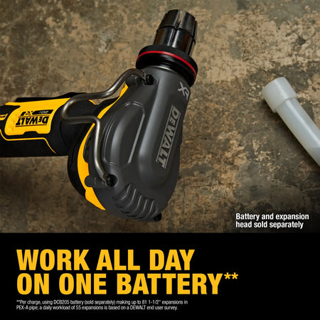 A close-up action shot showing the DEWALT PEX expander head inserted into a 1-1/2 inch PEX-A pipe. The marketing text emphasizes that the tool can work all day on one battery, capable of making up to 81 expansions per charge using a 5Ah battery.