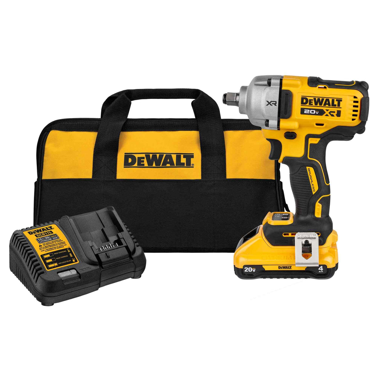 The DEWALT 20V MAX XR 1/2 Inch Mid-Range Impact Wrench kit shown with the brushless impact tool, a 4Ah lithium-ion battery, a DCB115 battery charger, and a yellow and black branded contractor tool bag.