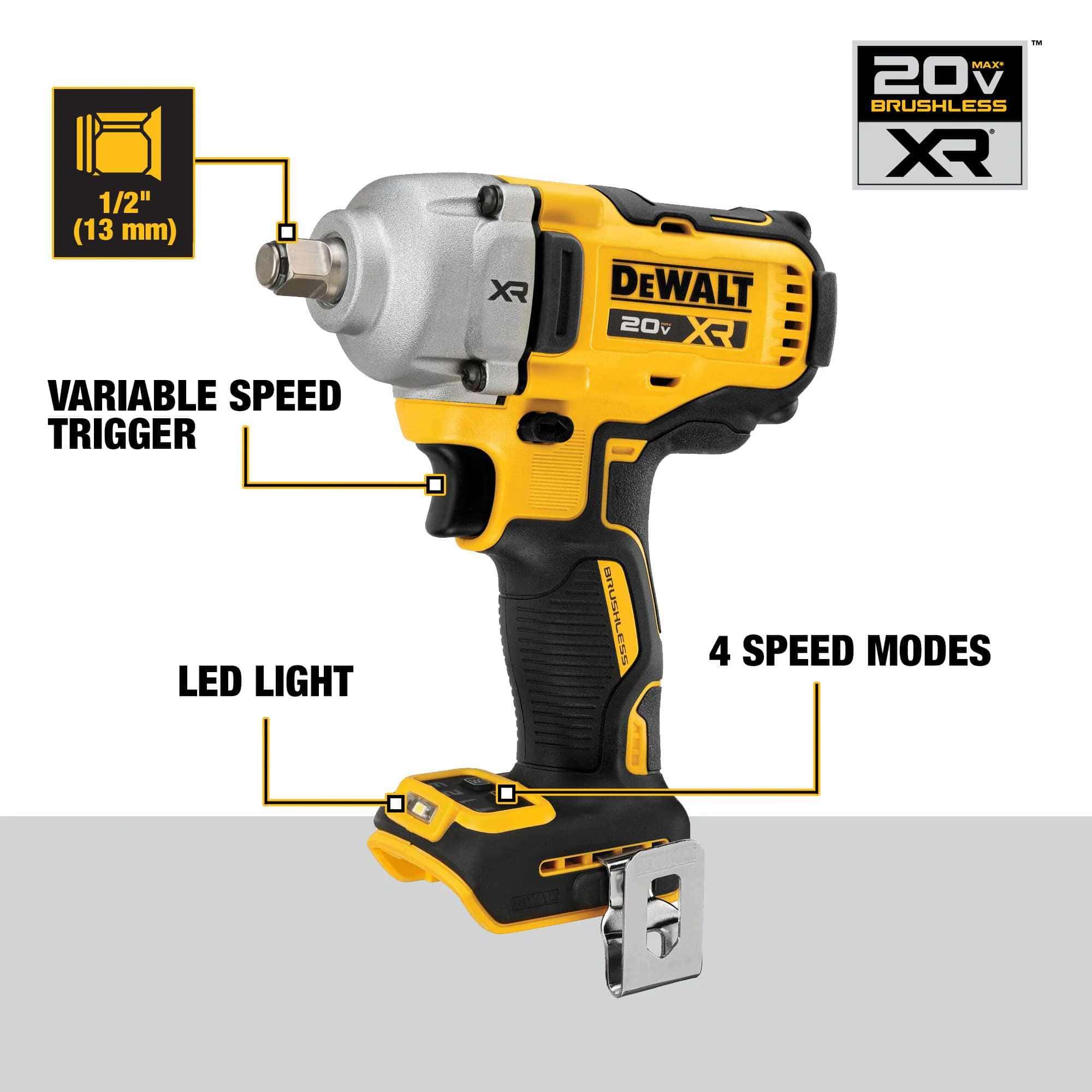 A features diagram of the DEWALT DCF891 impact wrench highlighting the 1/2 inch hog ring anvil, variable speed trigger, integrated LED work light, and the 4-mode selection switch at the base.
