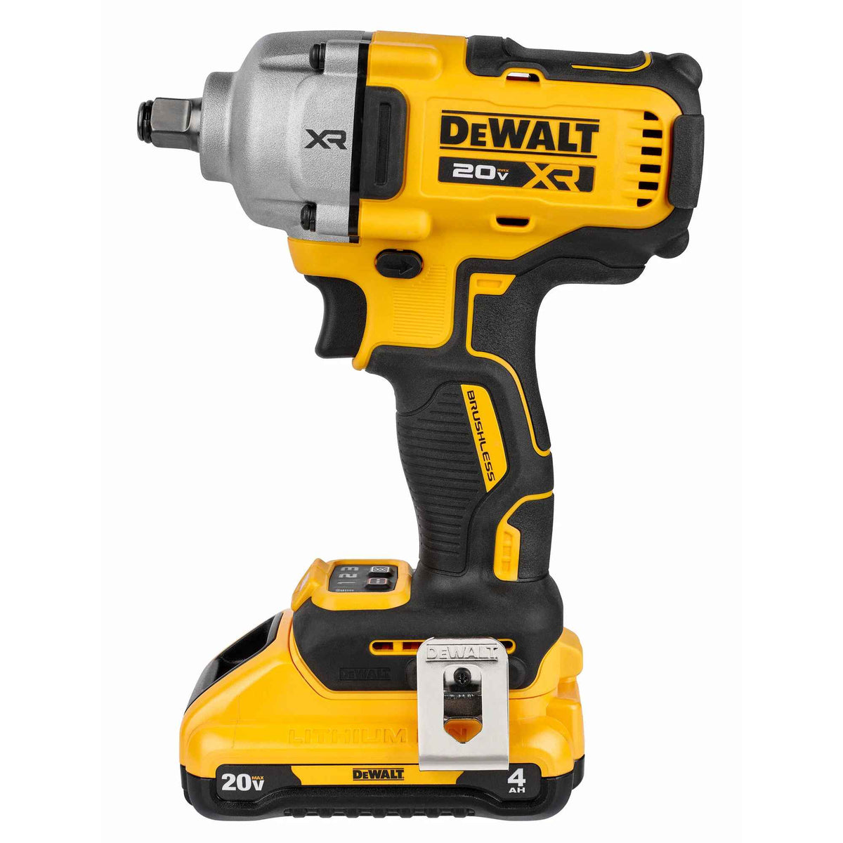 Side profile view of the DEWALT 20V MAX XR brushless mid-range impact wrench with a 4Ah battery installed, showcasing the ergonomic rubber overmold grip and compact head design.