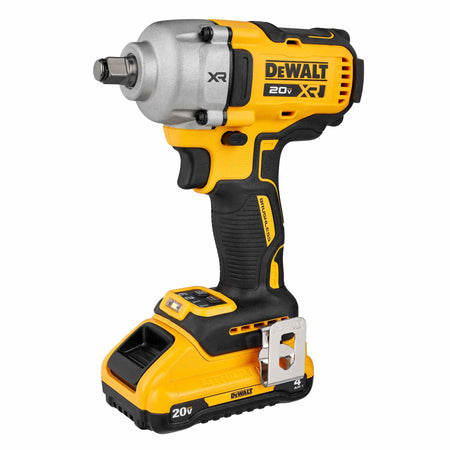 A slightly angled front view of the 20V MAX XR brushless mid-range impact wrench highlighting the compact tool length and the integrated LED light located above the battery pack.
