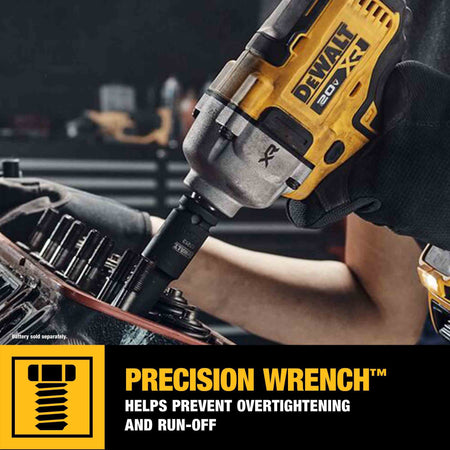 Application shot highlighting the Precision Wrench feature of the DEWALT impact tool as it fastens a bolt into a mechanical assembly to prevent overtightening and fastener run-off.