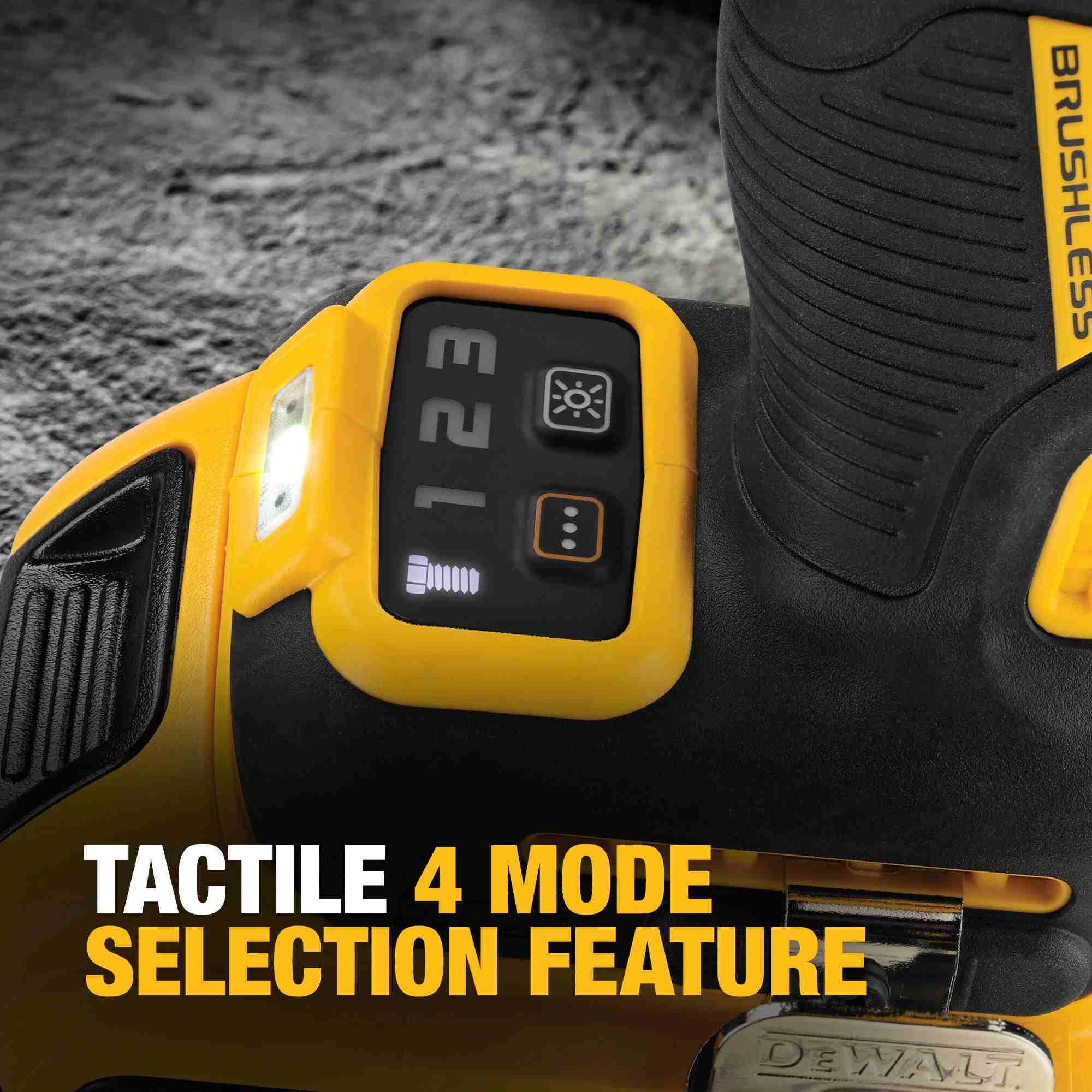 Close-up view of the tactile 4-mode selection feature on the base of the DEWALT impact wrench, showing the push-button interface and LED indicators for various speed and torque settings.