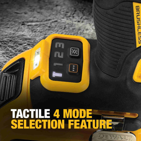 Close-up view of the tactile 4-mode selection feature on the base of the DEWALT impact wrench, showing the push-button interface and LED indicators for various speed and torque settings.