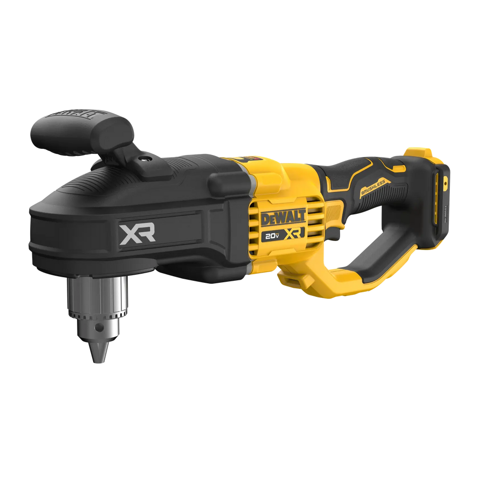 Three-quarter studio view of the DEWALT DCD446B 20V MAX XR stud and joist drill featuring a 1/2 inch keyed chuck, brushless motor branding, and a top-mounted auxiliary handle for high-torque drilling.