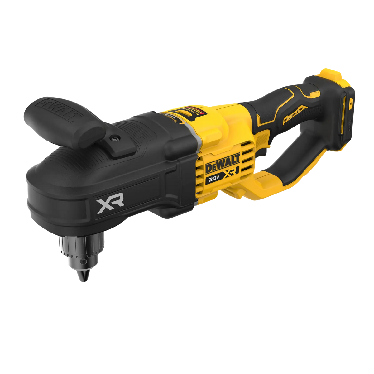 Elevated angled view of the DEWALT DCD446B brushless right-angle drill showcasing the robust magnesium gear case and the compact form factor built for drilling between structural studs and joists.