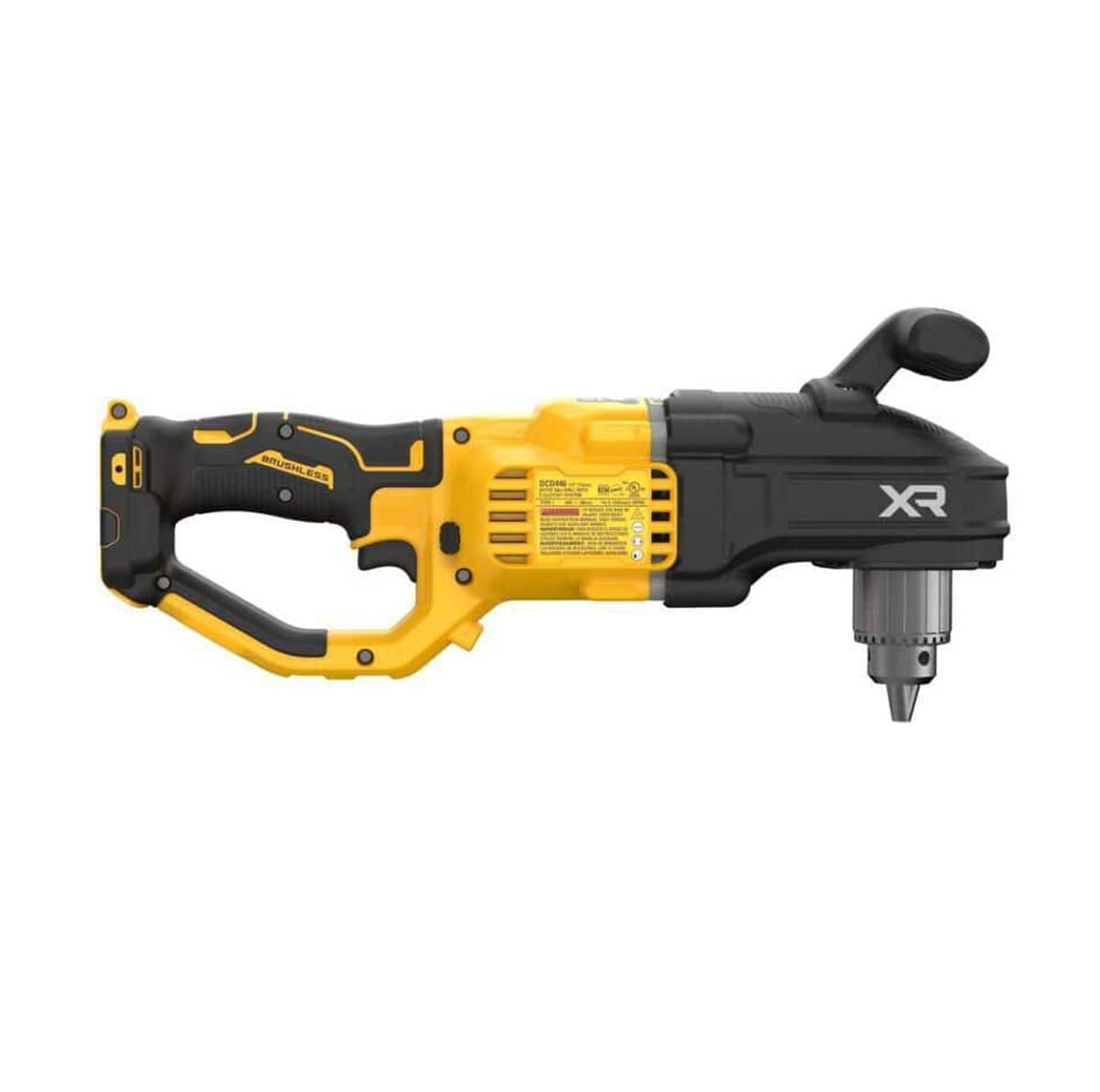 Reverse side profile of the DEWALT DCD446B 1/2 inch drill showing the manufacturer specifications label and the industrial-grade construction of the motor housing and handle assembly.