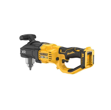 Rear angled view of the DEWALT DCD446B bare tool highlighting the battery port compatibility for 20V MAX XR lithium-ion batteries and the secondary handle for improved operator leverage.