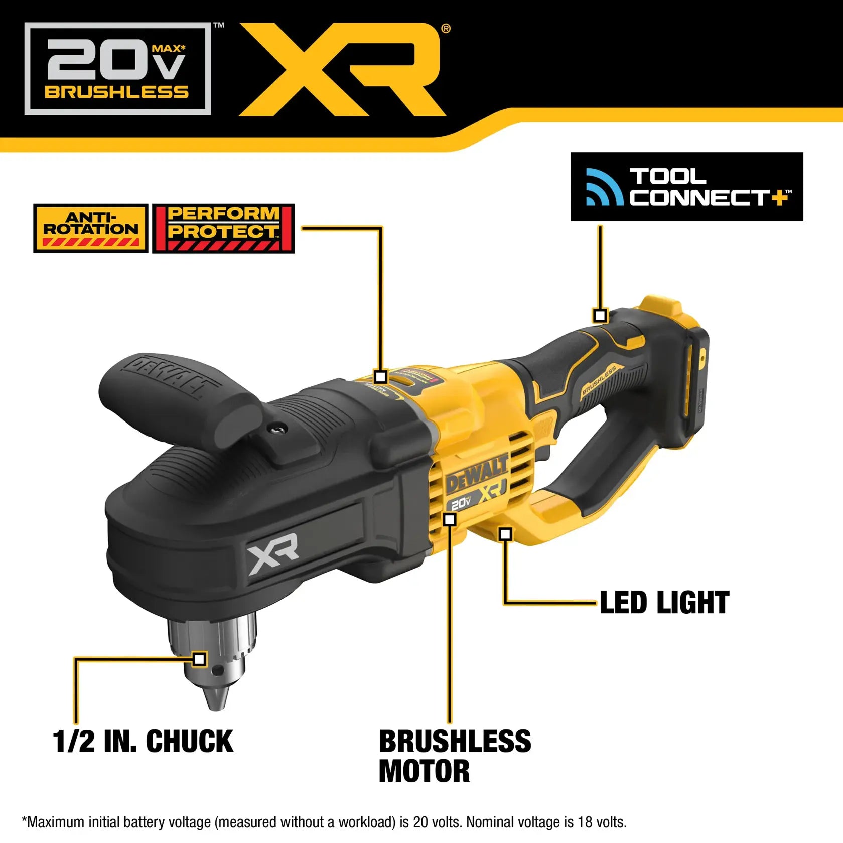 Product infographic for the DEWALT DCD446B detailing key professional features including the 1/2 inch keyed chuck, anti-rotation system, brushless motor, LED workspace light, and Tool Connect capability.