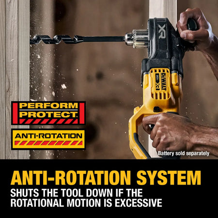 Demonstration of the DEWALT Anti-Rotation System on the DCD446B drill, showing the tool shutting down during a bind-up while drilling through a structural wood stud to prevent user injury.