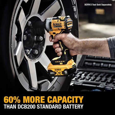 Action shot of a worker using a DEWALT cordless impact wrench powered by a 20V MAX XR 5Ah battery to tighten lug nuts on a vehicle wheel. The image features a text overlay stating 60 percent more capacity than the DCB200 standard battery.