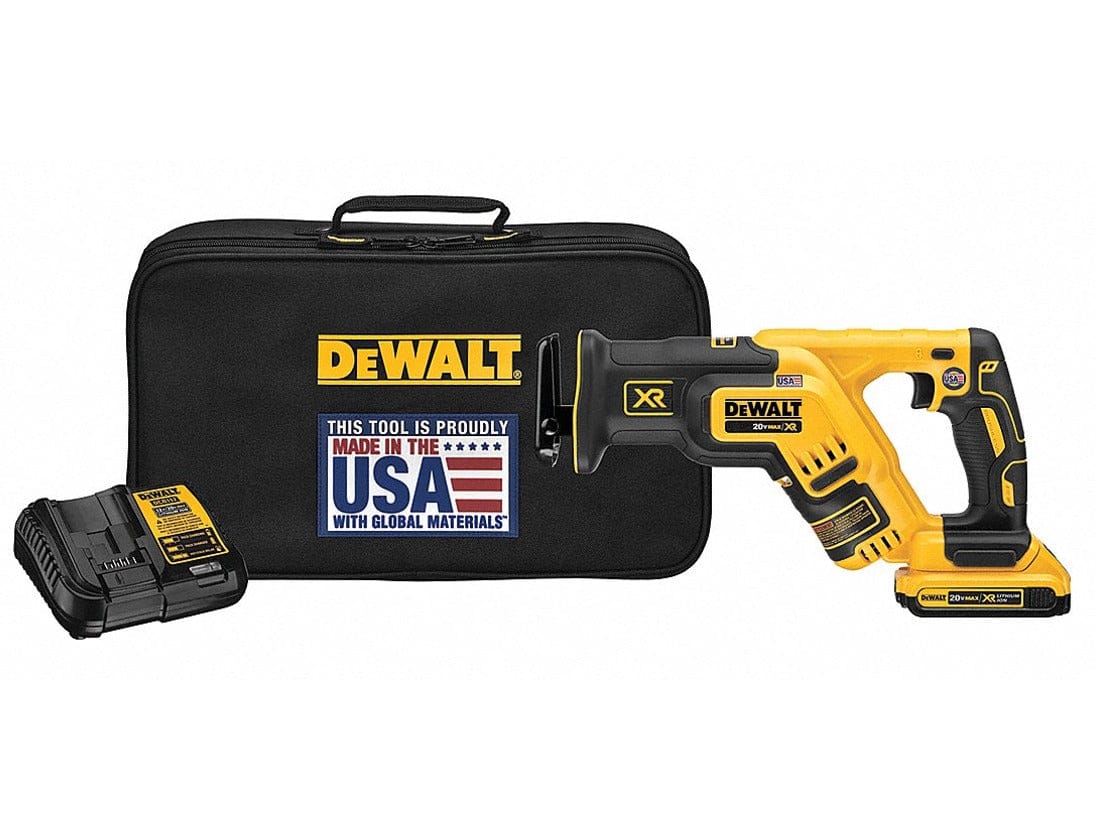 DEWALT reciprocating saw kit displayed with tool, charger, and black carrying case featuring Made in USA label. The image showcases the complete set for portable cutting applications in construction or DIY.
