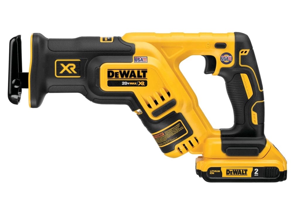 Side view of DEWALT 20V MAX XR reciprocating saw with attached 2.0Ah lithium-ion battery. Branding includes XR and Made in USA labels, emphasizing runtime and portability for cutting tasks.