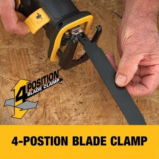 Person installing a blade into the DEWALT reciprocating saw, highlighting the 4-position blade clamp with directional arrows. The image demonstrates tool versatility and ease of blade changes.