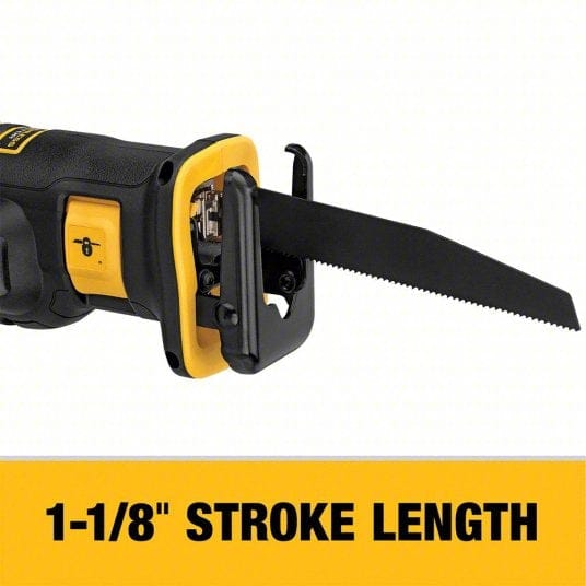 Close-up of the DEWALT reciprocating saw blade and front housing, showing serrated blade and yellow banner with text indicating 1-1/8 inch stroke length. The image emphasizes cutting power and tool precision.