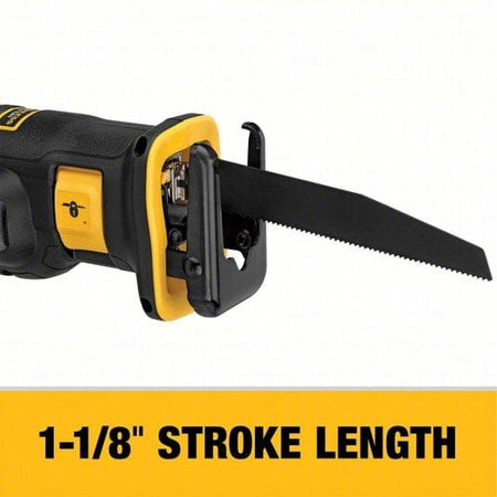 Close-up of the DEWALT reciprocating saw blade and front housing, showing serrated blade and yellow banner with text indicating 1-1/8 inch stroke length. The image emphasizes cutting power and tool precision.