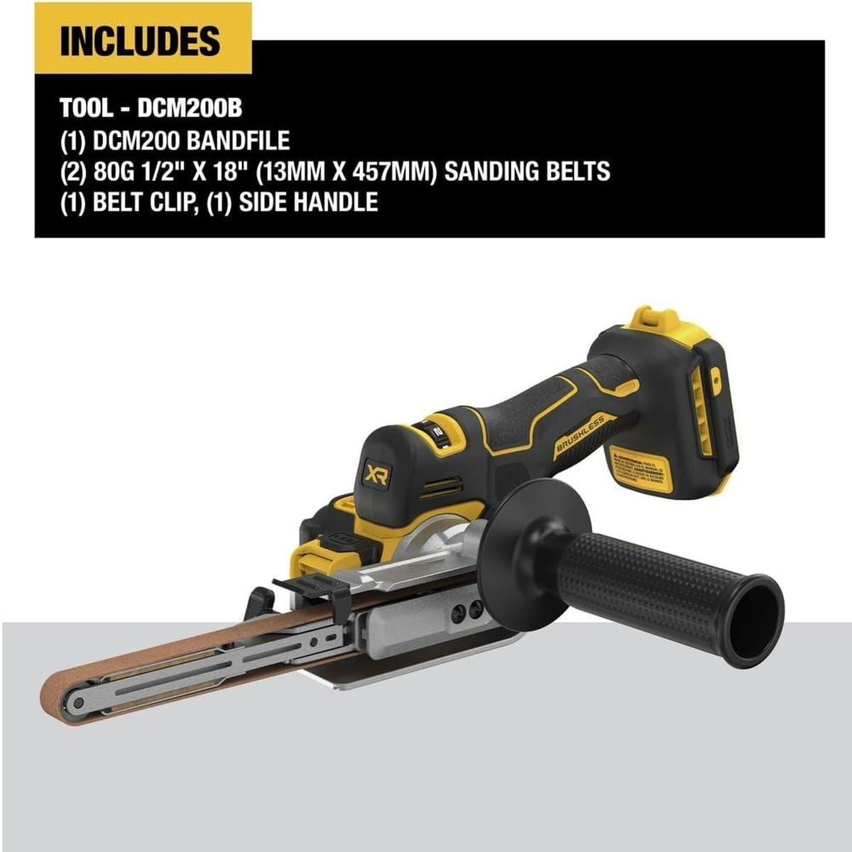 Included components graphic for the DEWALT DCM200B master kit, featuring the 18-inch bandfile tool, two 80-grit 1/2-inch by 18-inch sanding belts, a belt clip, and a side handle for professional fabrication tasks.
