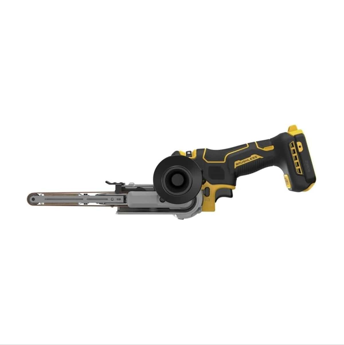 Straight side profile of the DEWALT DCM200B cordless sander, illustrating the long, narrow reach of the 18-inch contact arm and the ergonomic balance of the brushless motor housing and battery mount.