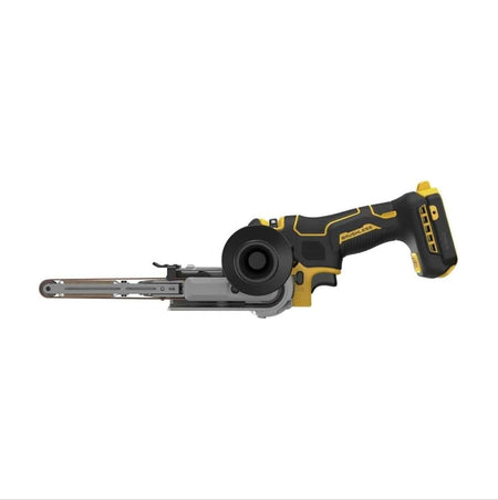 Straight side profile of the DEWALT DCM200B cordless sander, illustrating the long, narrow reach of the 18-inch contact arm and the ergonomic balance of the brushless motor housing and battery mount.
