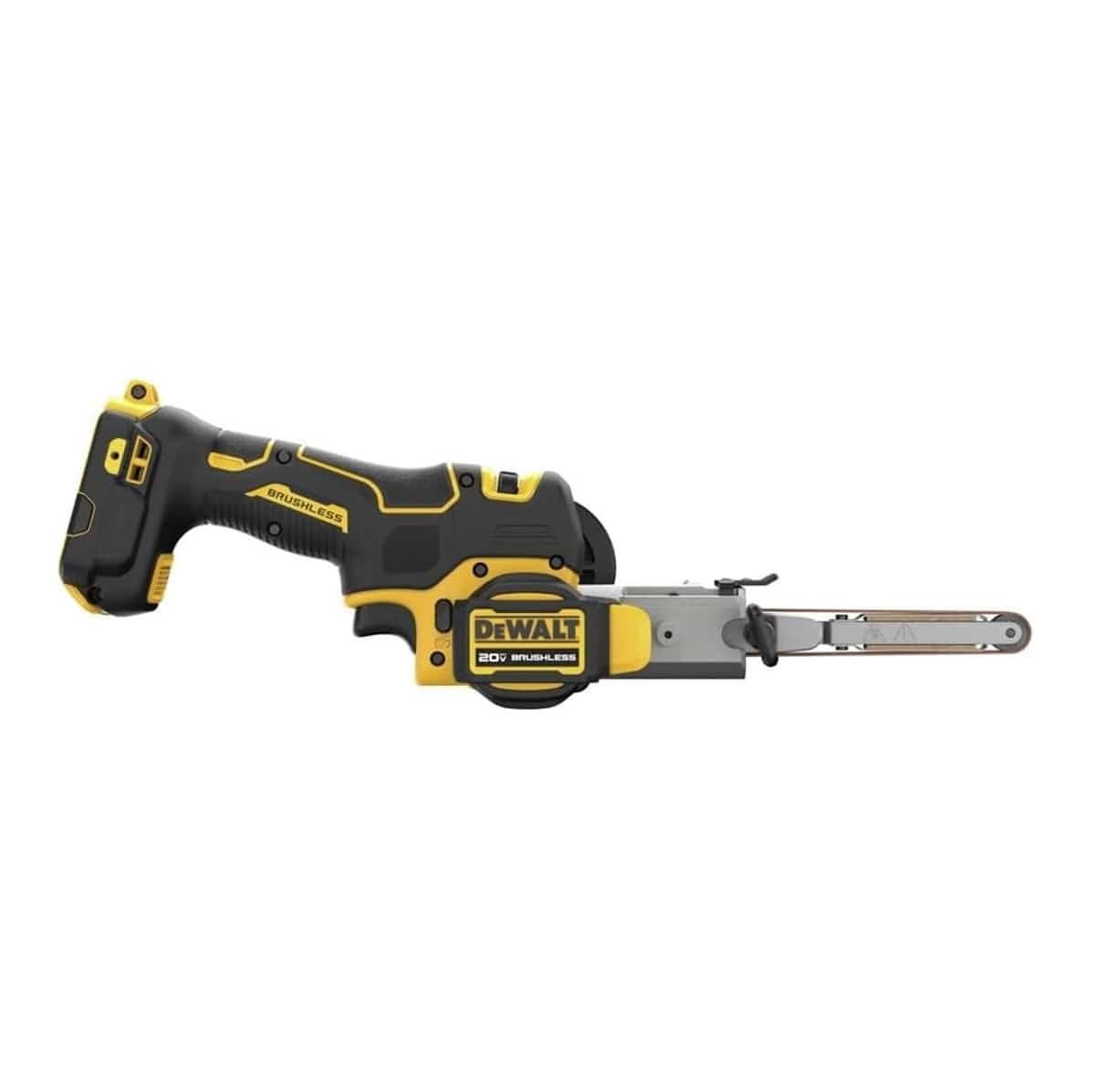 Opposite side profile of the DCM200B bandfile, displaying the official DEWALT 20V MAX brushless branding and the adjustable pivot point for the 173-degree rotating contact arm.