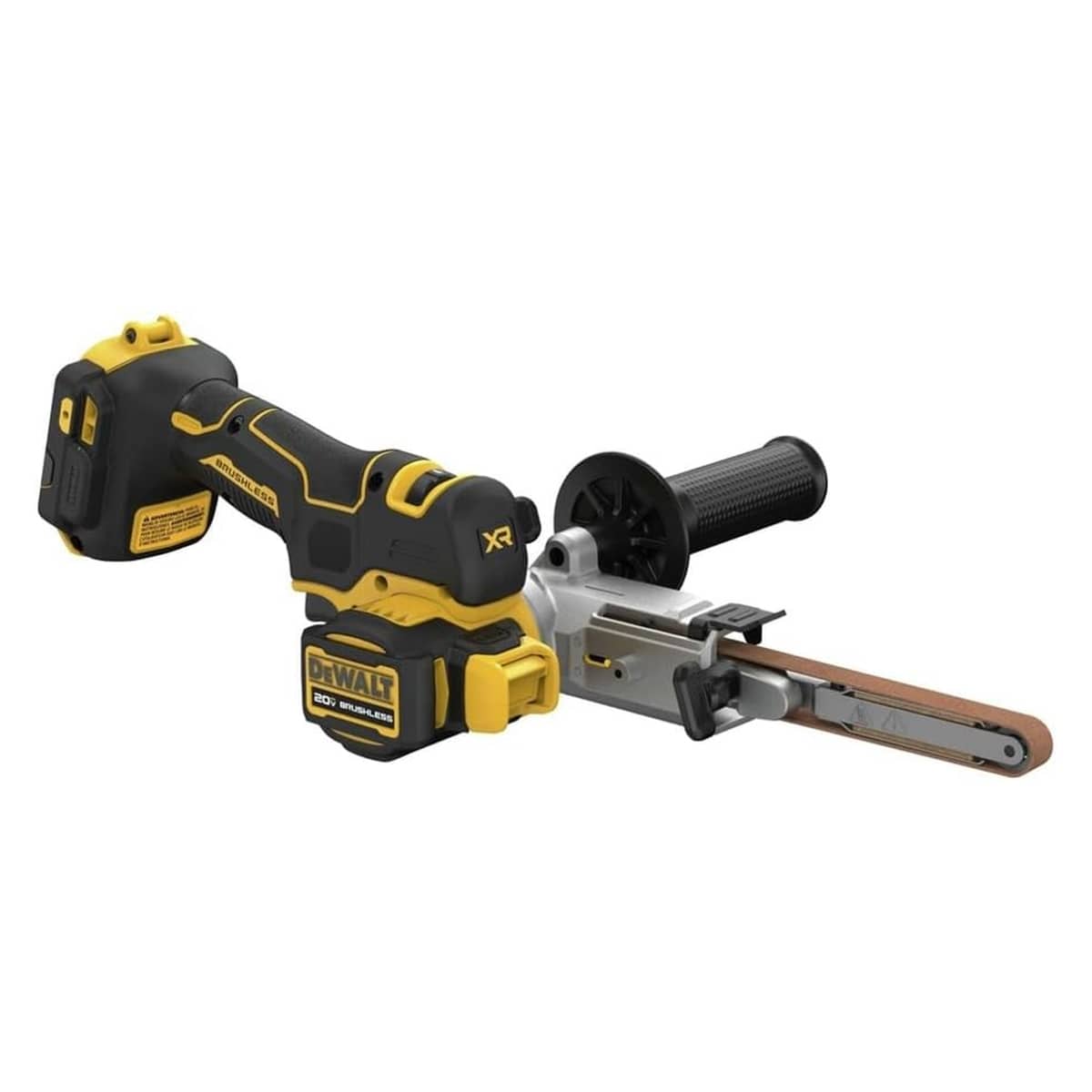 Low-angle perspective view of the DEWALT 20V MAX XR brushless bandfile, highlighting the side handle attachment and the rotatable LED positioned to illuminate the workpiece during precision grinding.