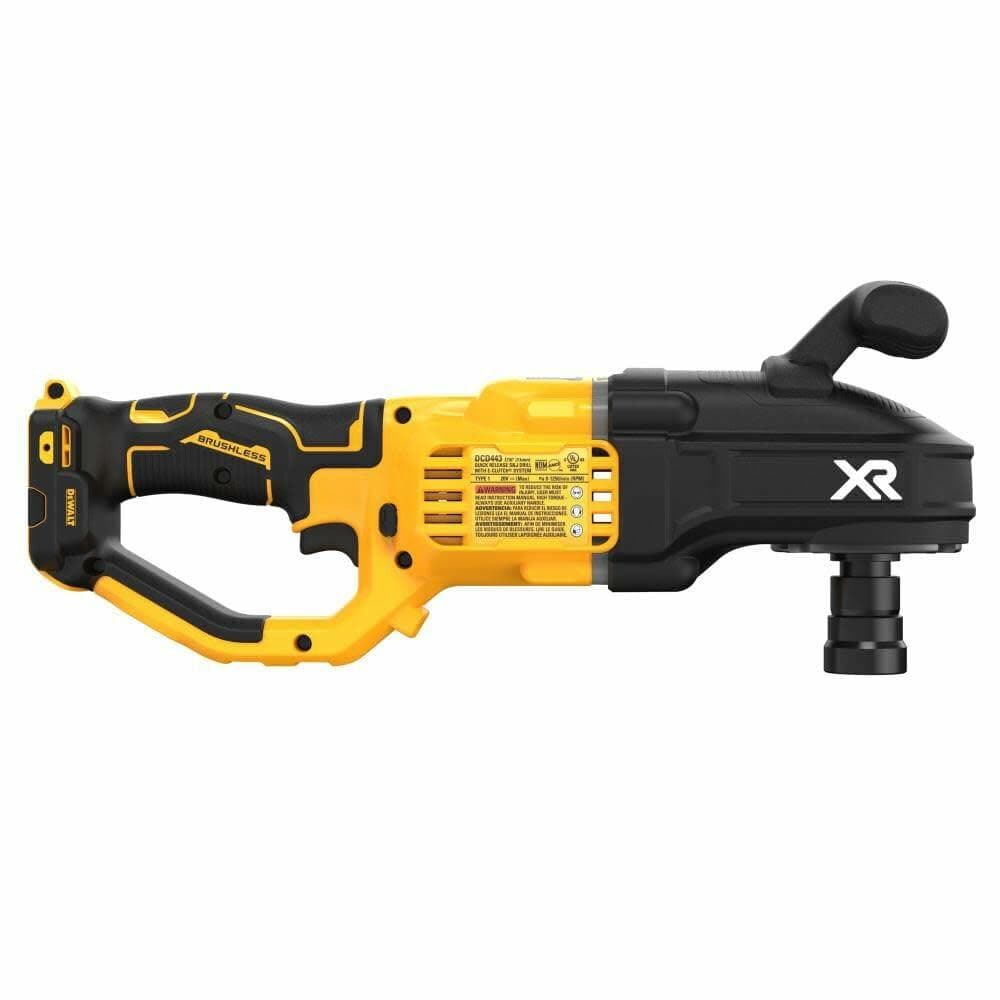 The left side profile of the DEWALT 20V MAX XR Stud and Joist Drill, showing the product information and safety labels.