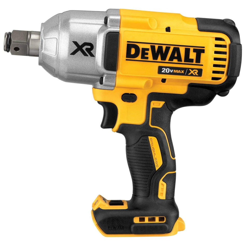 Side view of the DEWALT DCF897B 20V MAX XR Brushless High Torque 3/4-Inch Impact Wrench against a white background. The image showcases the signature yellow and black ergonomic handle, the silver-tone front gear housing, and the 3/4-inch square drive anvil with a hog ring.