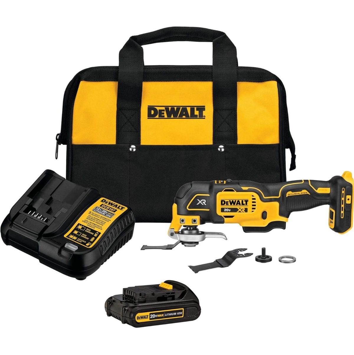 A complete DEWALT 20V MAX XR brushless oscillating multi-tool kit featuring the DCS356 multitool, a lithium-ion battery, a charger, two cutting blades, a universal accessory adaptor, and a yellow and black branded storage bag.