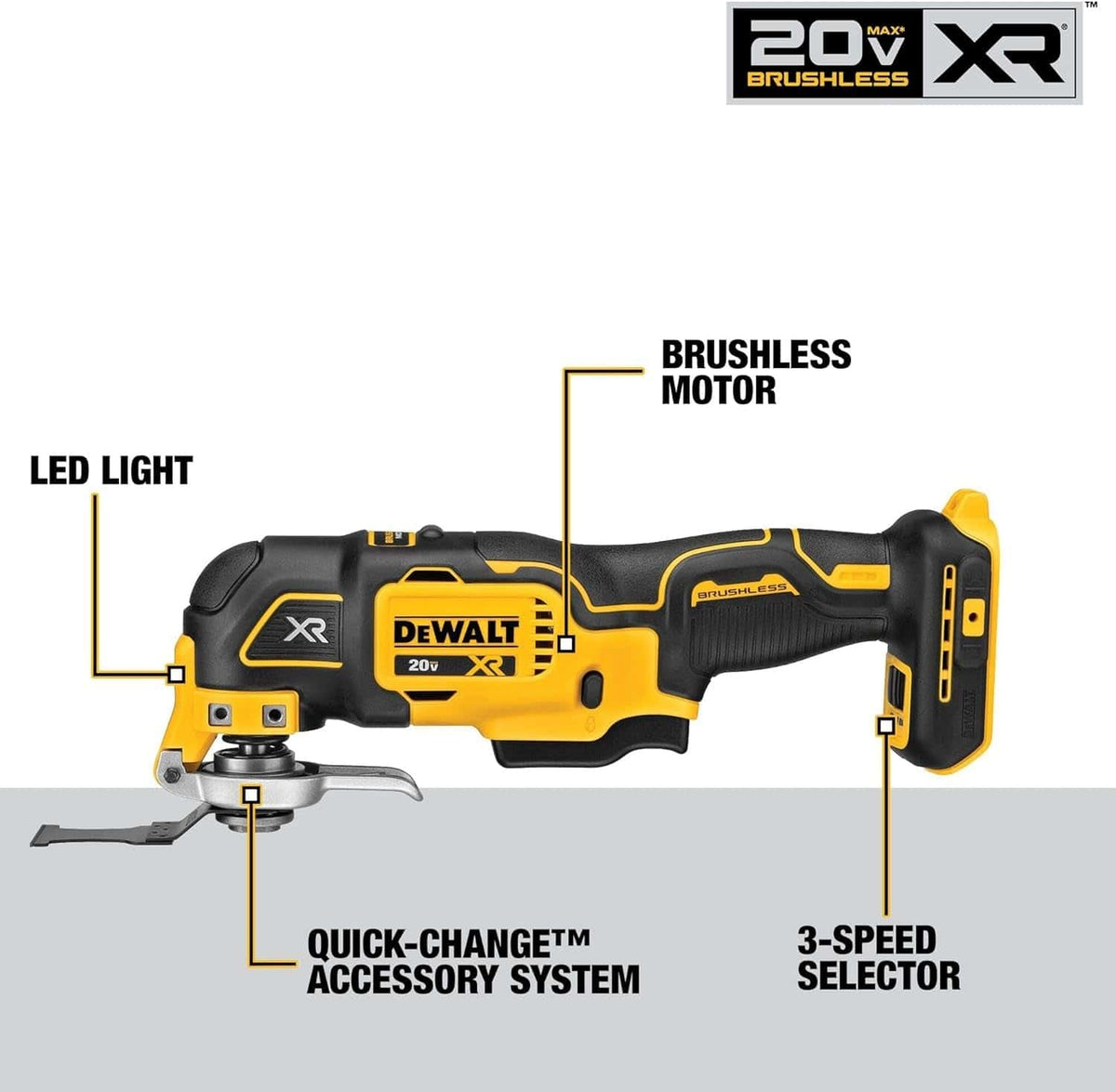 An informative diagram of the DEWALT DCS356 oscillating tool with callouts highlighting the bright LED light, high-performance brushless motor, 3-speed selector switch, and the Quick-Change accessory system.