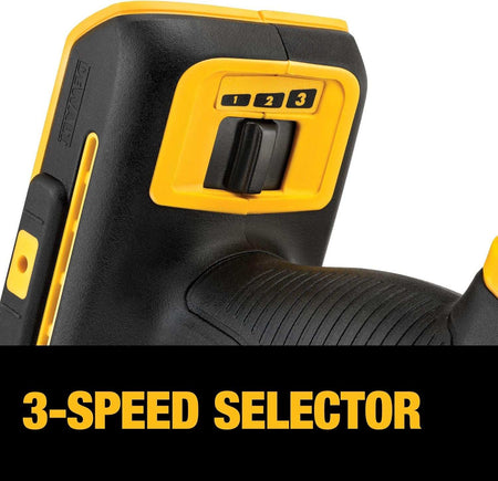 A detailed close-up of the rear of the DEWALT DCS356 tool showing the 3-speed selector switch with numbered settings (1, 2, 3) for customized speed control during various applications.