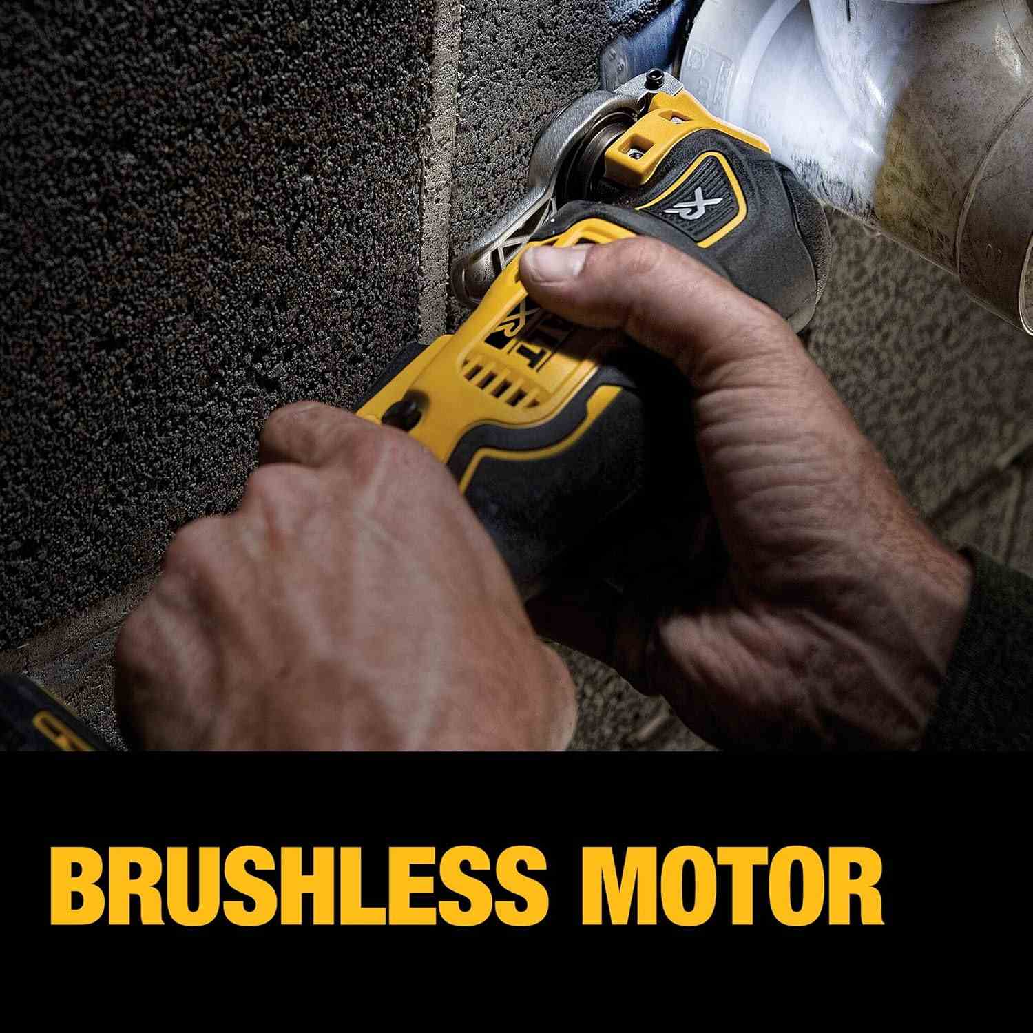 An action photo demonstrating the power of the DEWALT brushless motor as a user operates the oscillating multi-tool to cut through material along a masonry wall.
