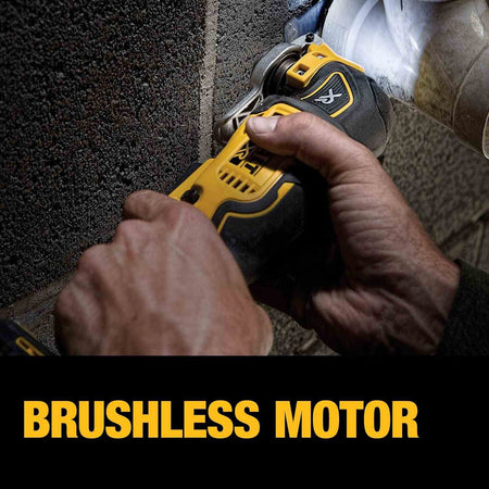 An action photo demonstrating the power of the DEWALT brushless motor as a user operates the oscillating multi-tool to cut through material along a masonry wall.