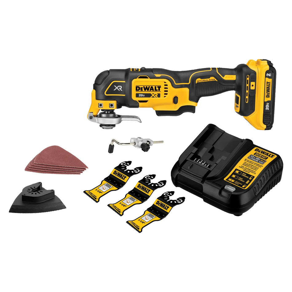 A complete kit overview of the DEWALT DCS356SD1 20V MAX XR brushless oscillating multi-tool. The set is displayed together, including the cordless tool, one 2.0Ah battery, charger, standard accessories for cutting and sanding, and a yellow and black DEWALT storage bag.
