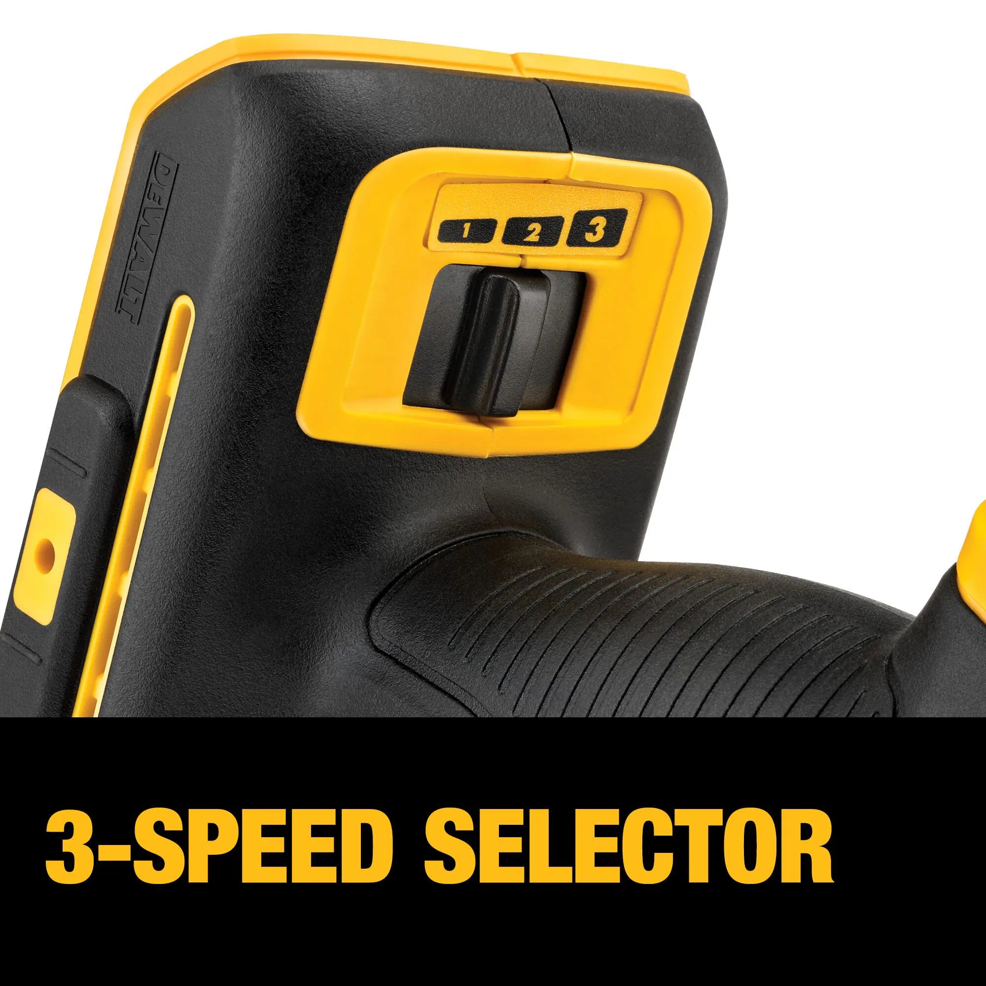 Close‑up of the DEWALT 20V MAX XR Oscillating Multi‑Tool DCS356 3‑speed selector switch labeled 1‑2‑3, showing adjustable speed control for optimized cutting and sanding performance.