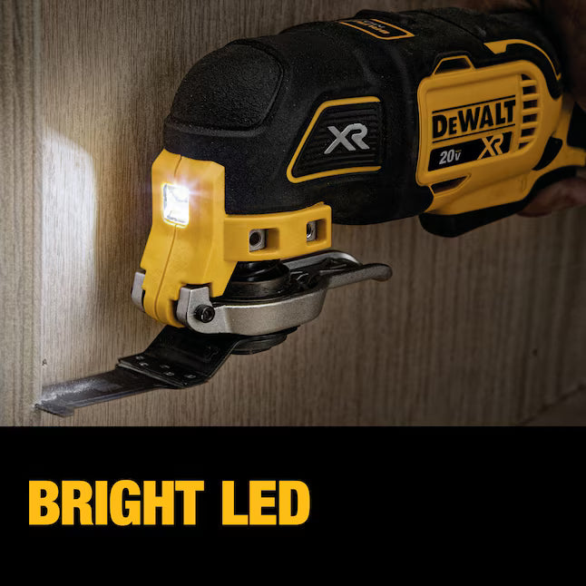 DEWALT 20V MAX XR Brushless Oscillating Multi‑Tool DCS356 cutting into wood with LED light illuminating the work area, demonstrating increased runtime and efficiency from the brushless motor.