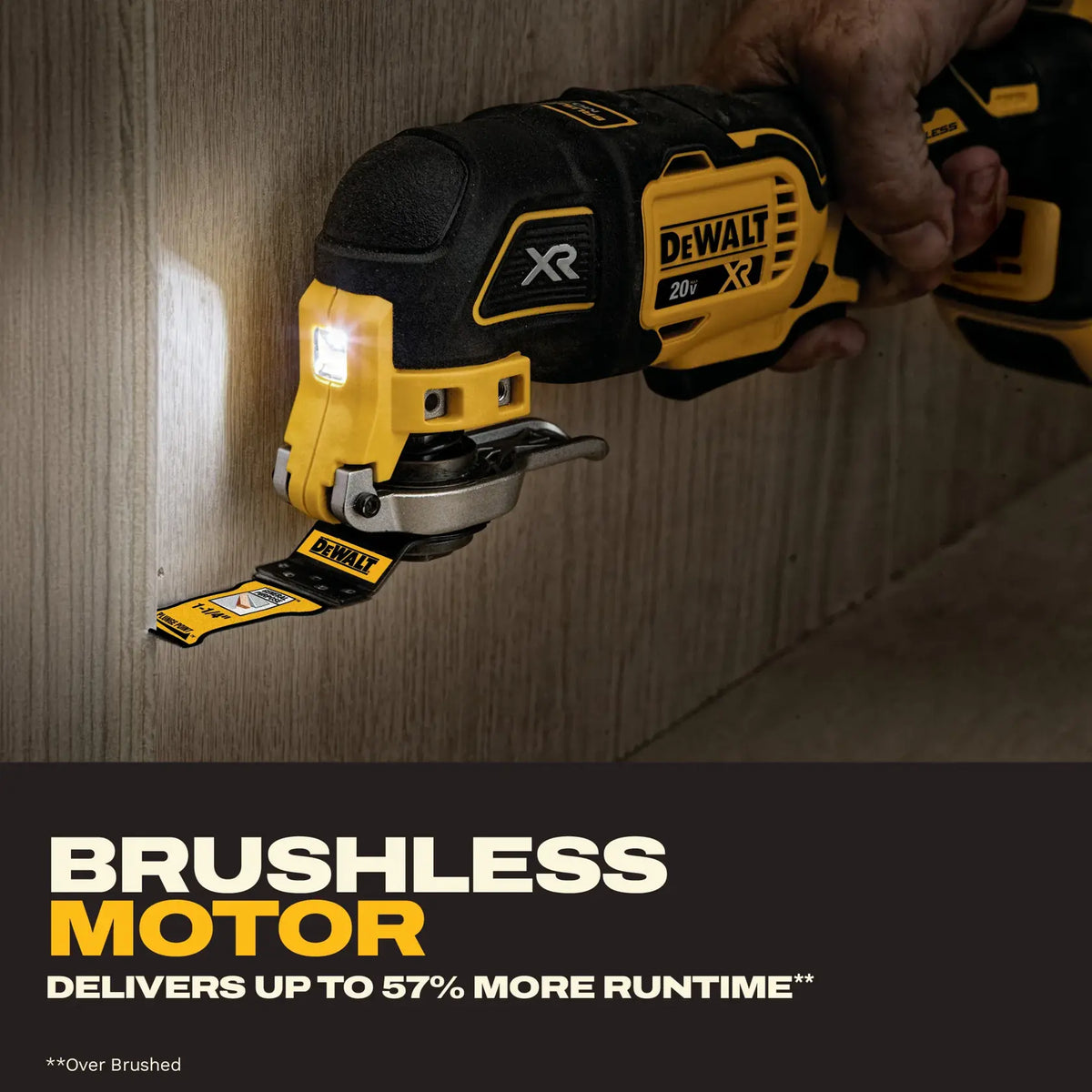 DeWalt power tool cutting wood with 'Brushless Motor' text overlay