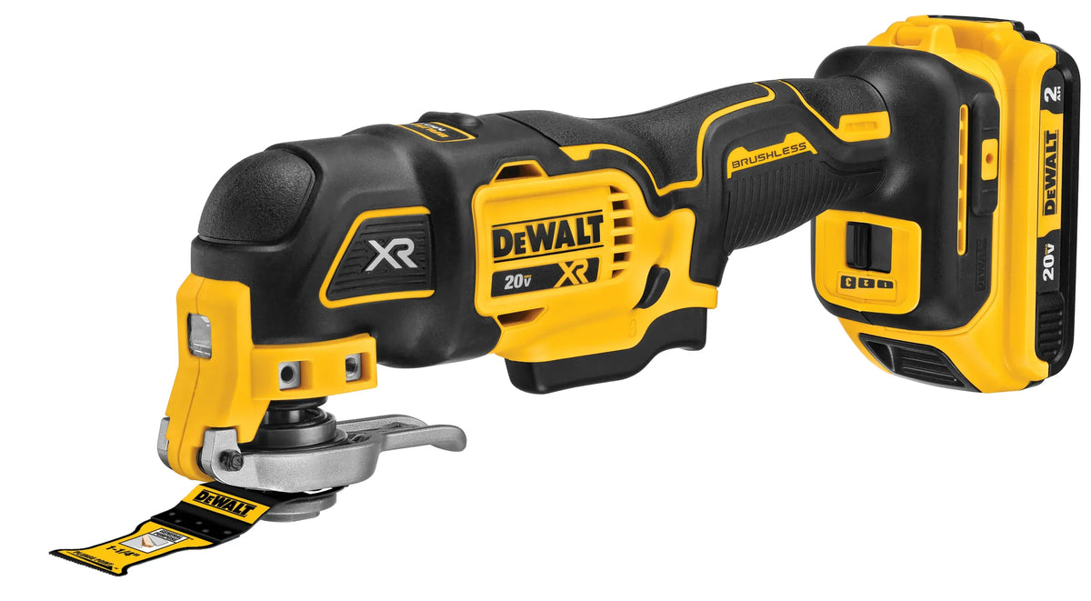 A three-quarter studio view of the DEWALT DCS356 oscillating multi-tool. The image focuses on the rugged design, the black overmold grip, and the Quick-Change accessory flange, demonstrating the ergonomic form factor of the brushless, cordless 20V MAX tool.