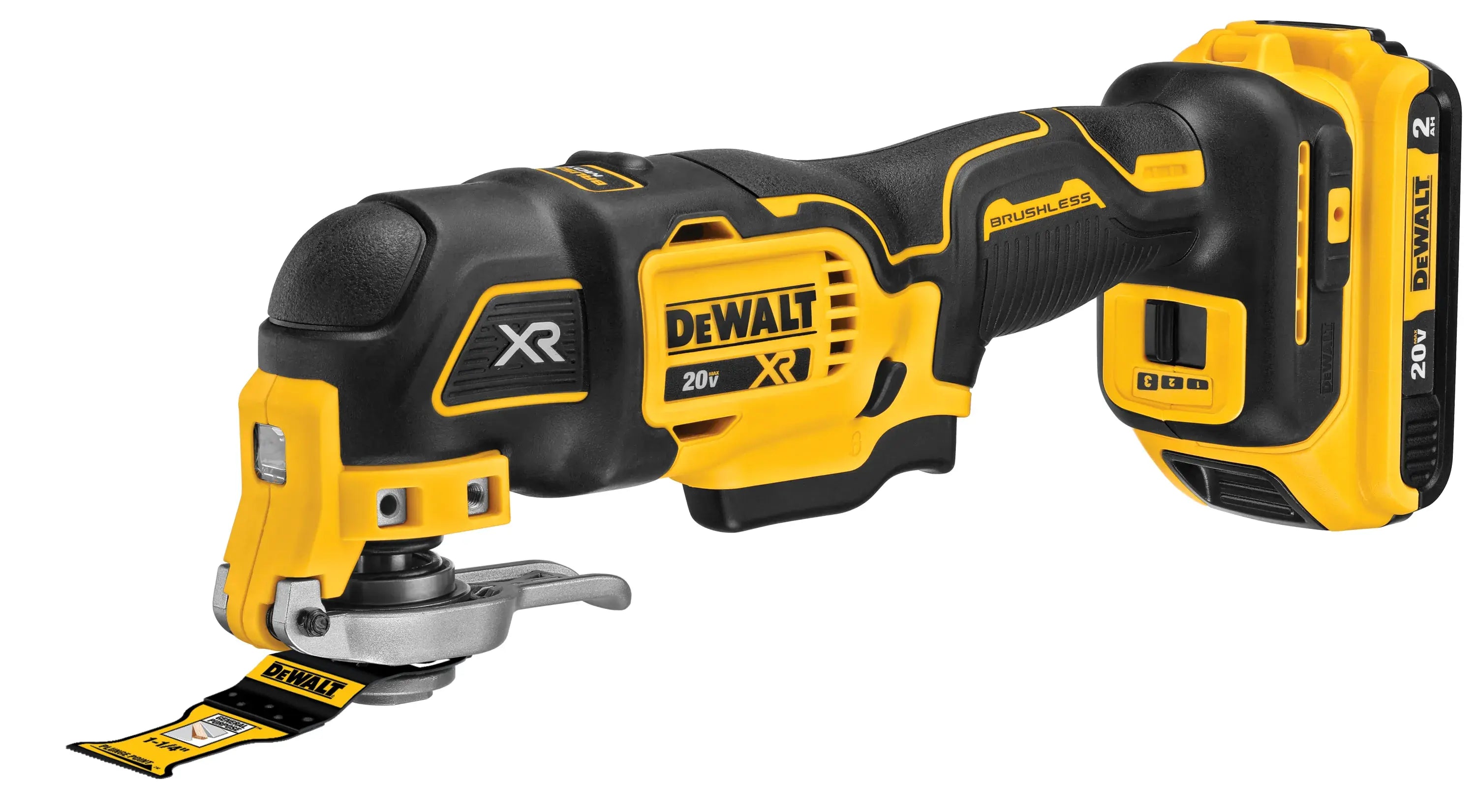 A three-quarter studio view of the DEWALT DCS356 oscillating multi-tool. The image focuses on the rugged design, the black overmold grip, and the Quick-Change accessory flange, demonstrating the ergonomic form factor of the brushless, cordless 20V MAX tool.