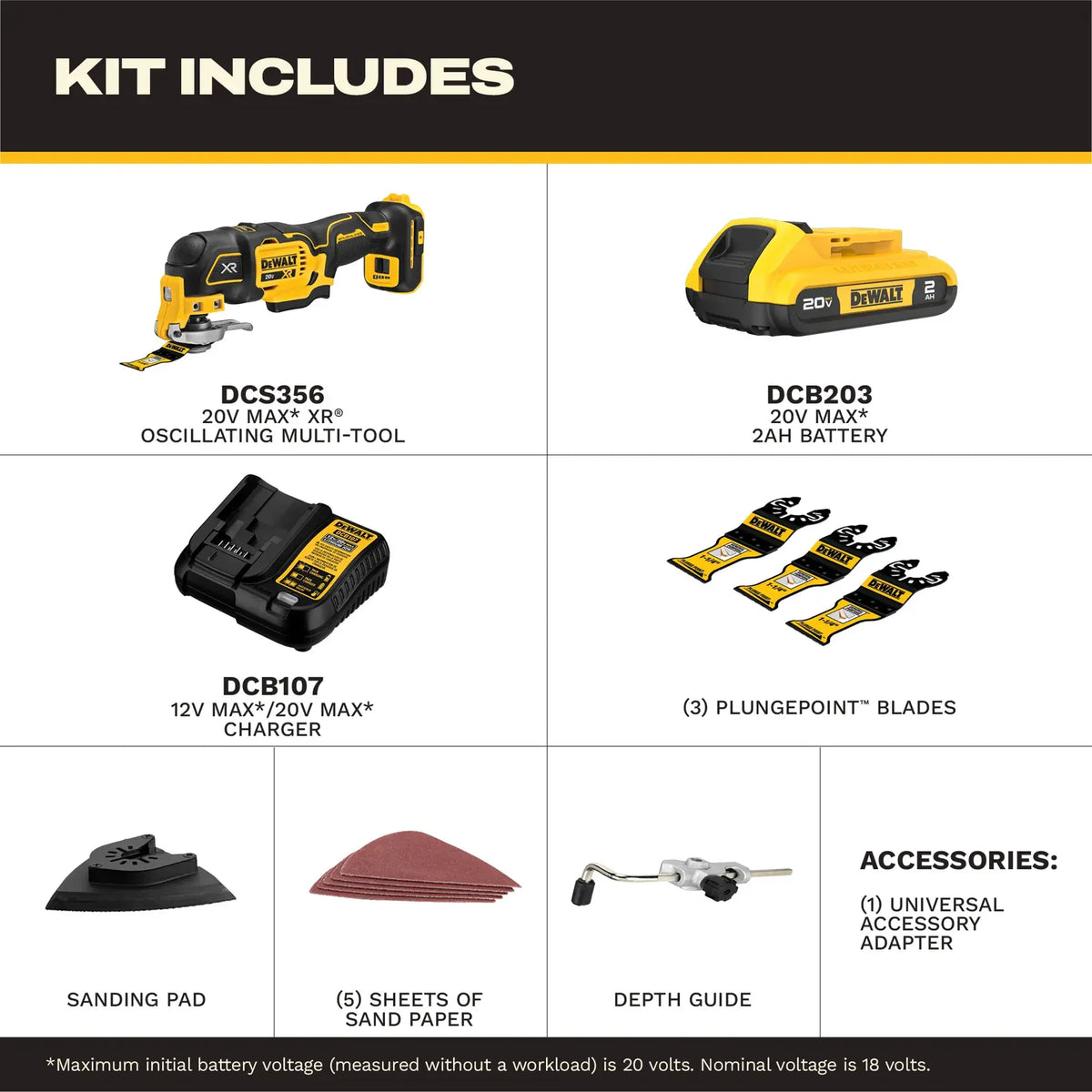 Kit contents layout for the DEWALT 20V MAX XR Brushless Oscillating Multi‑Tool DCS356SD1 including battery, charger, plunge blades, sanding pad, sandpaper sheets, depth guide, and universal accessory adapter.