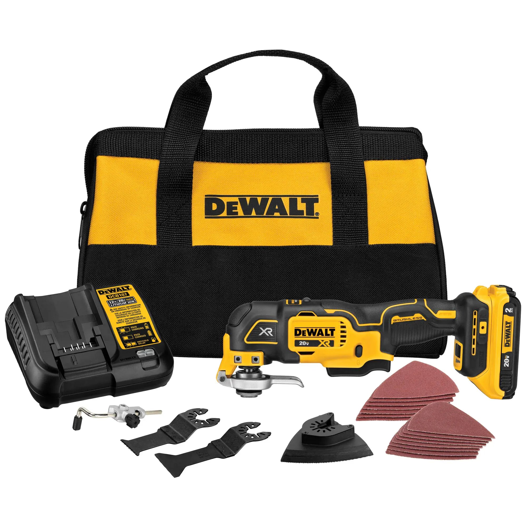 DEWALT 20V MAX XR Brushless Oscillating Multi‑Tool Kit DCS356SD1 with carrying bag, cordless tool, 20V battery, charger, sanding pads, cutting blades, and accessories arranged for a complete jobsite‑ready setup.