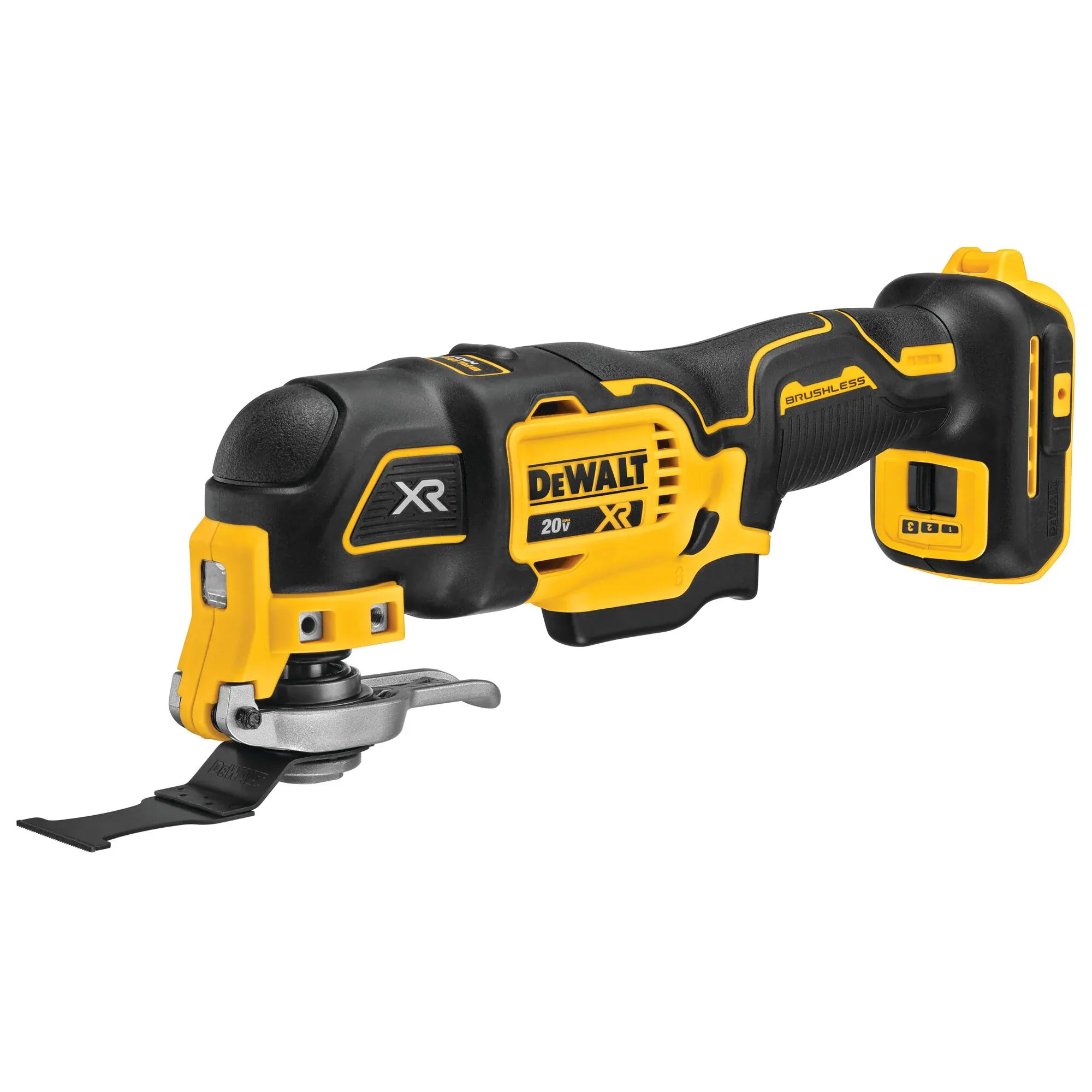 DEWALT 20V MAX XR Brushless Oscillating Multi‑Tool DCS356 with attached cutting blade and ergonomic grip, designed for precision cutting, sanding, and scraping in construction and remodeling work.