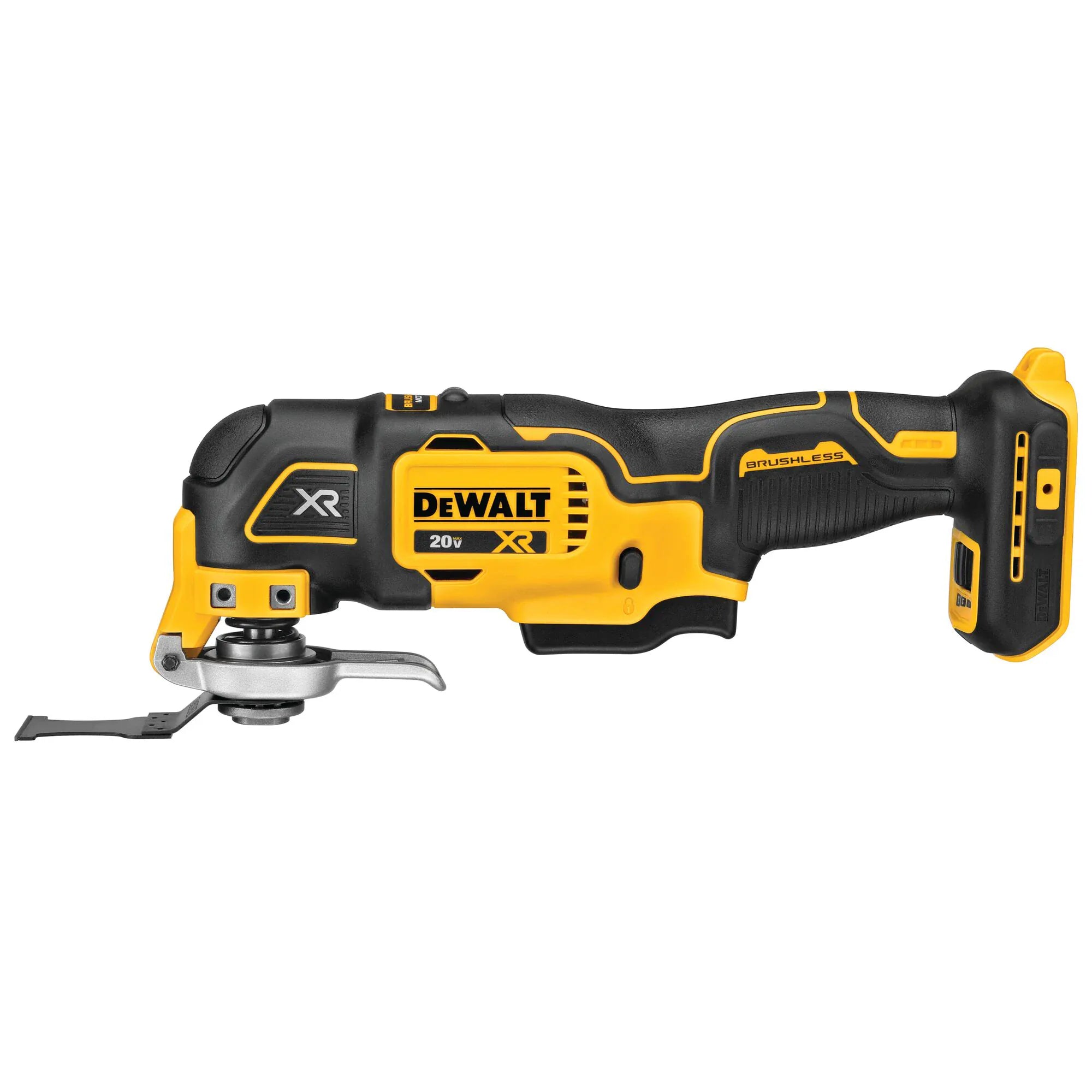 DEWALT 20V MAX XR Brushless Oscillating Multi‑Tool DCS356 shown with blade attached and 20V battery mount, highlighting cordless performance for cutting, sanding, and detail applications.