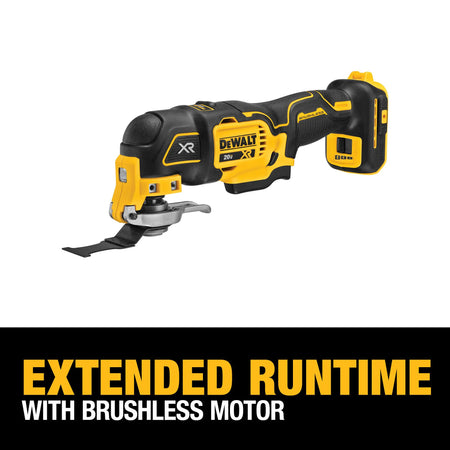 DEWALT 20V MAX XR Brushless Oscillating Multi‑Tool DCS356 with text emphasizing extended runtime from the brushless motor, designed for demanding cutting and sanding applications.