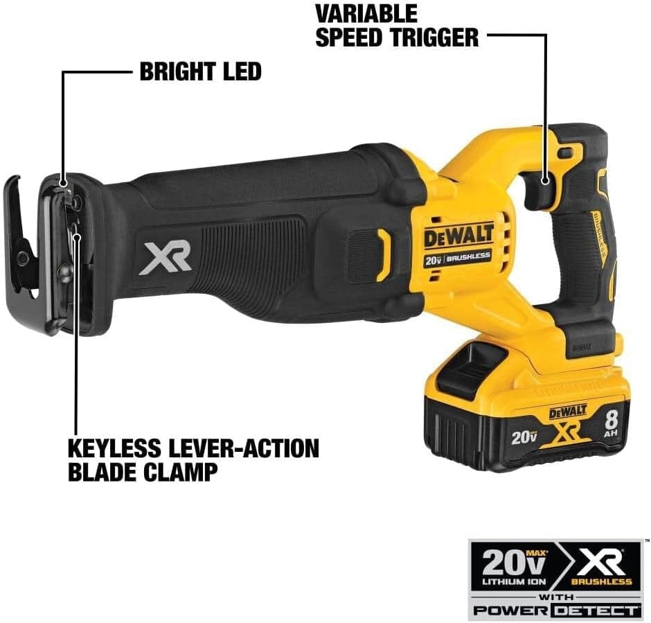DEWALT XR reciprocating saw with labeled features including LED light, keyless blade clamp, variable speed trigger, and 20V MAX XR battery with POWER DETECT.