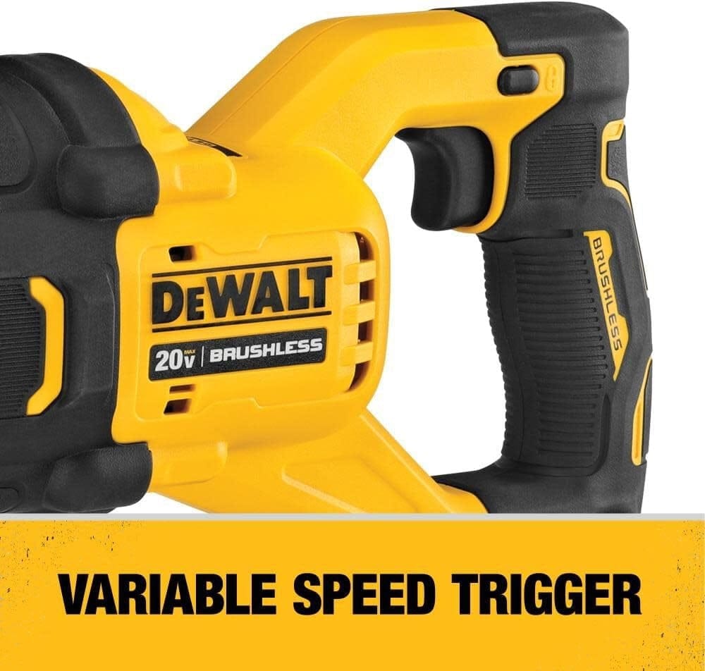 Close-up of DEWALT brushless reciprocating saw showing variable speed trigger and branding, emphasizing user control and ergonomic design.