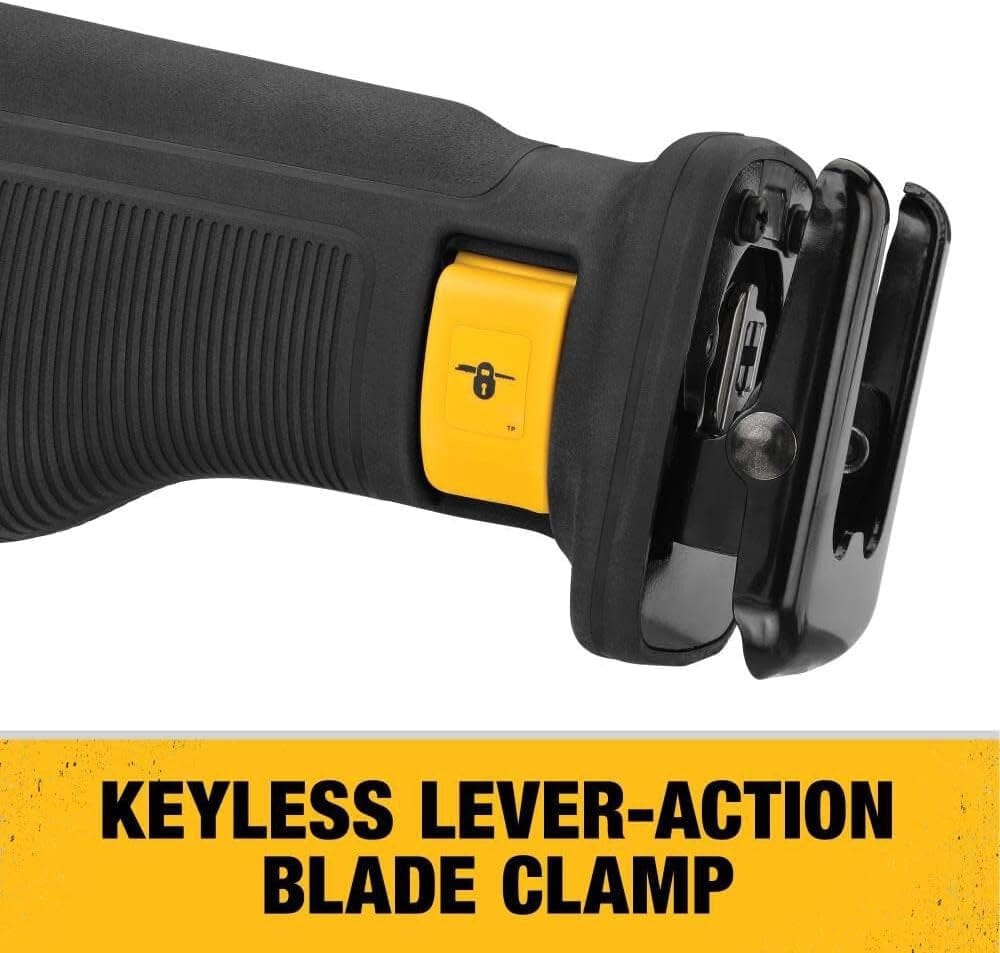 Close-up of DEWALT reciprocating saw handle showing keyless lever-action blade clamp for quick blade changes and textured grip for control.