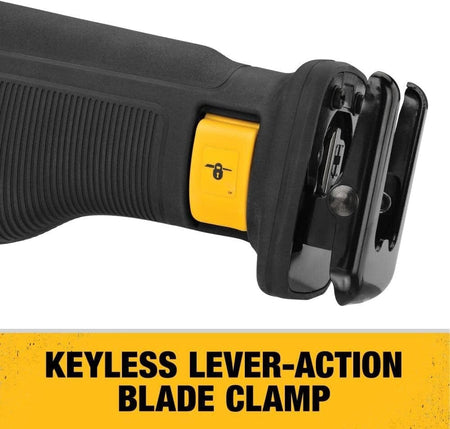 Close-up of DEWALT reciprocating saw handle showing keyless lever-action blade clamp for quick blade changes and textured grip for control.