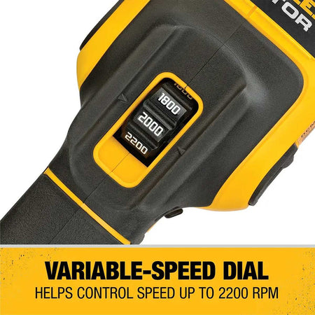 Close-up view of the integrated variable-speed dial on the DEWALT 7-inch rotary polisher showing speed settings up to 2200 RPM for precise automotive detailing control.